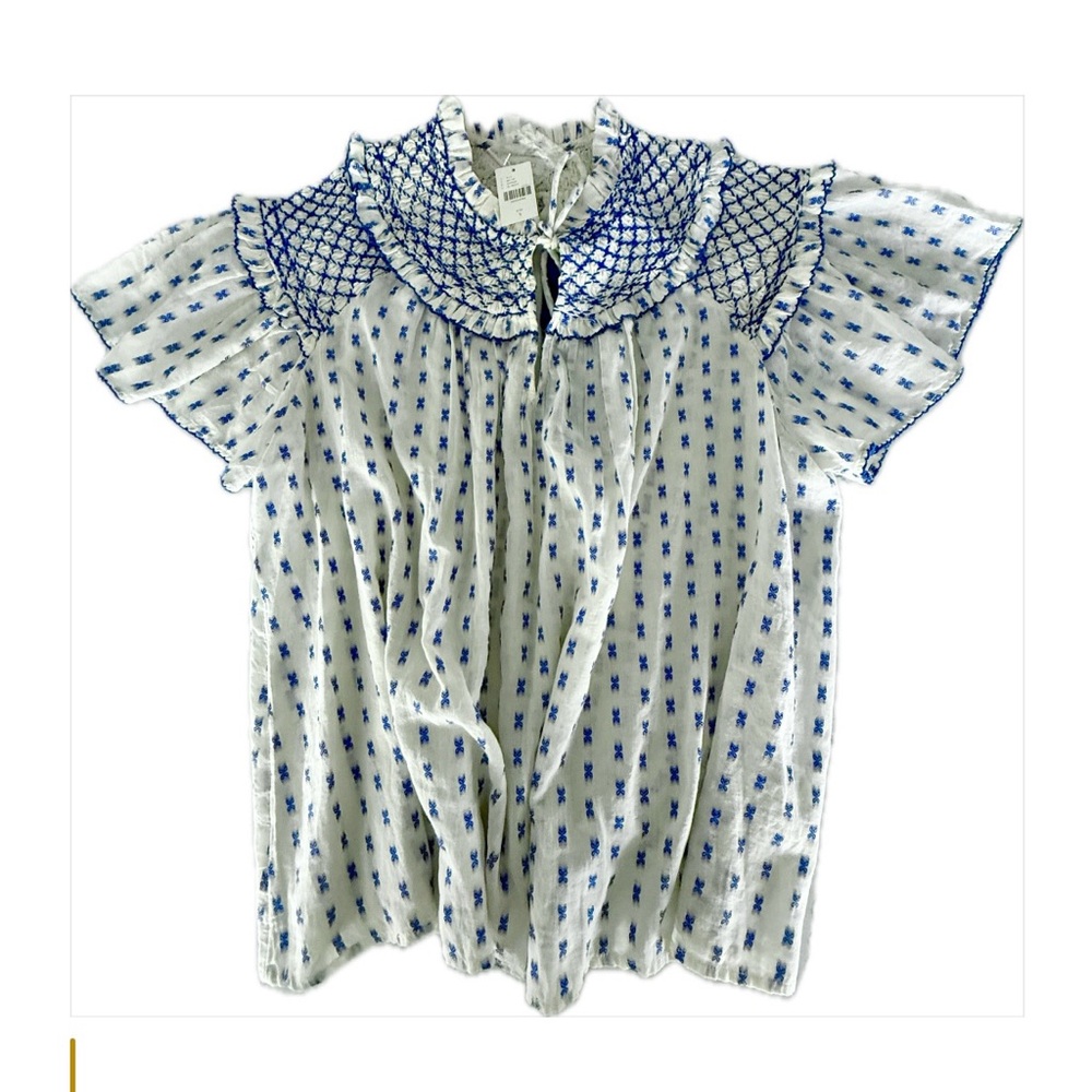 Anthropologie size small White Top with Blue Embroidered Smocked Collar